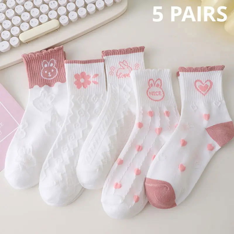5 Pairs Women Middle Tube Socks Heart Cute Fashion Casual White Four Season Ruffles Pattern Pink Harajuku Kawaii Girls - Slobuy