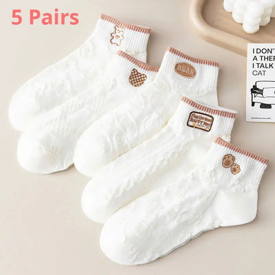 5 Pairs Women's Exquisite Summer And Autumn Short Tube Socks Mesh Breathable and Cute Cartoon Bear Ankel Socks - Slobuy