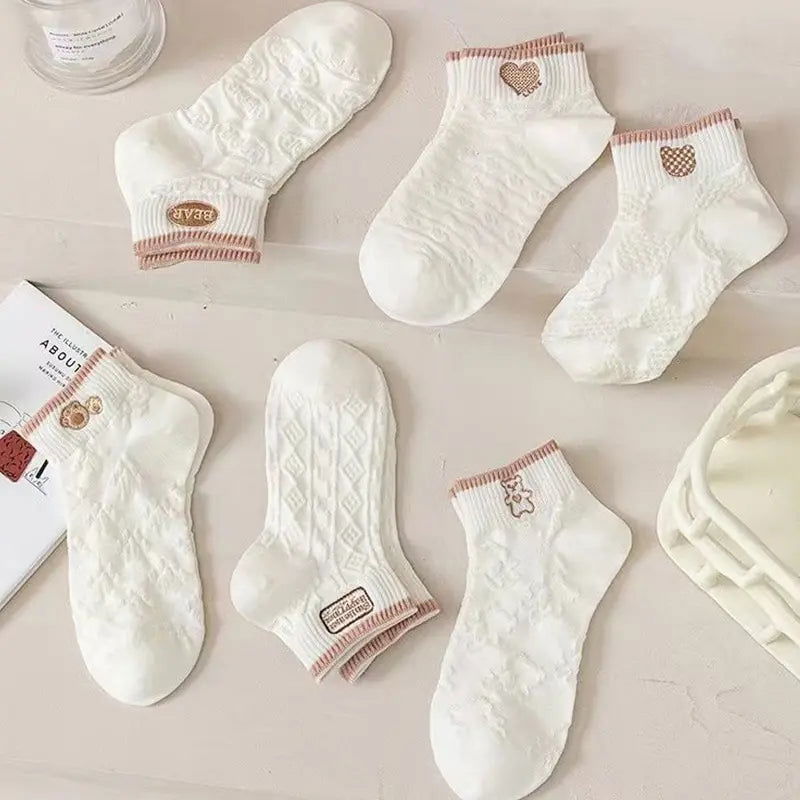 5 Pairs Women's Exquisite Summer And Autumn Short Tube Socks Mesh Breathable and Cute Cartoon Bear Ankel Socks - Slobuy