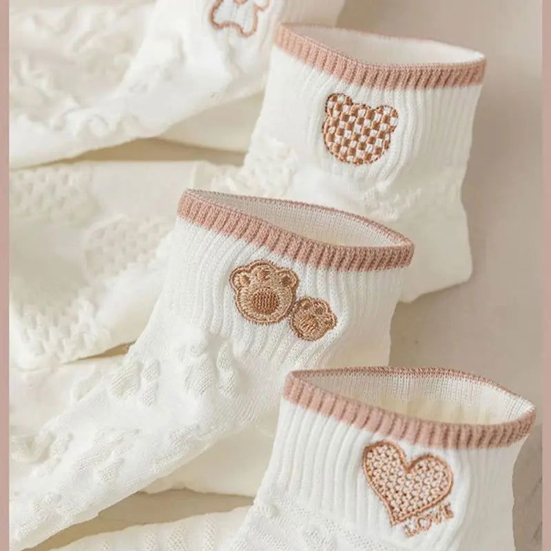5 Pairs Women's Exquisite Summer And Autumn Short Tube Socks Mesh Breathable and Cute Cartoon Bear Ankel Socks - Slobuy
