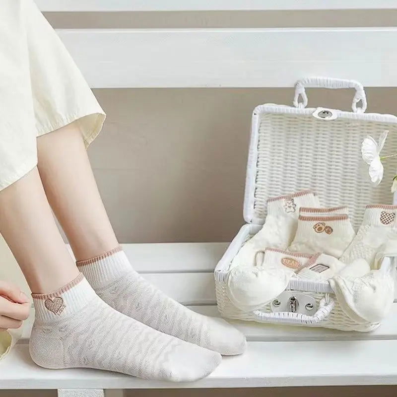 5 Pairs Women's Exquisite Summer And Autumn Short Tube Socks Mesh Breathable and Cute Cartoon Bear Ankel Socks - Slobuy