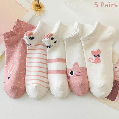 5 Pairs Women's Short Tube Socks Pink Cat Thin Four Seasons Cute Boat Sockslow Top Ins Trendy Socks - Slobuy
