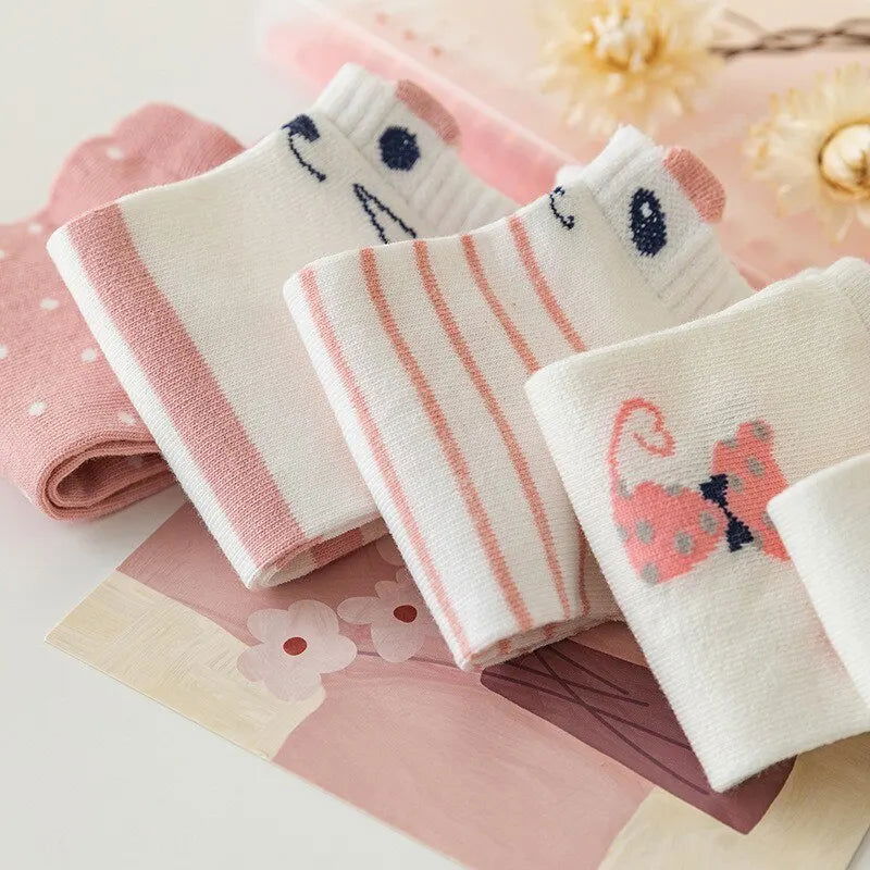 5 Pairs Women's Short Tube Socks Pink Cat Thin Four Seasons Cute Boat Sockslow Top Ins Trendy Socks - Slobuy