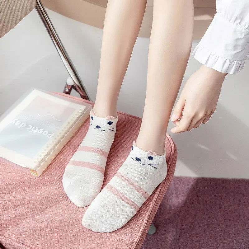5 Pairs Women's Short Tube Socks Pink Cat Thin Four Seasons Cute Boat Sockslow Top Ins Trendy Socks - Slobuy