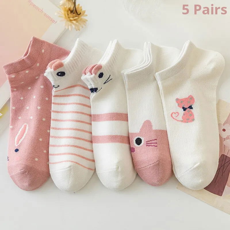 5 Pairs Women's Short Tube Socks Pink Cat Thin Four Seasons Cute Boat Sockslow Top Ins Trendy Socks - Slobuy