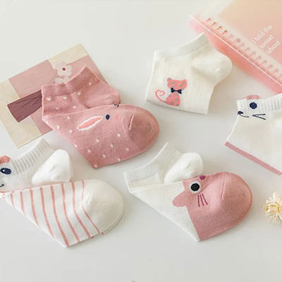 5 Pairs Women's Short Tube Socks Pink Cat Thin Four Seasons Cute Boat Sockslow Top Ins Trendy Socks - Slobuy