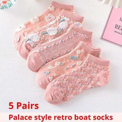 5 Pairs of Kawaii Cute Flower 3D Textured Ankle Socks - Vintage Style Thin Low Cut Hosiery for Women - Slobuy