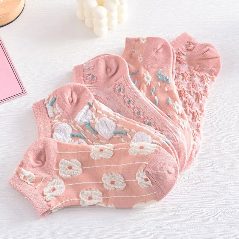 5 Pairs of Kawaii Cute Flower 3D Textured Ankle Socks - Vintage Style Thin Low Cut Hosiery for Women - Slobuy