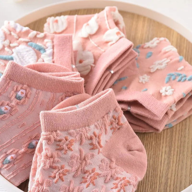 5 Pairs of Kawaii Cute Flower 3D Textured Ankle Socks - Vintage Style Thin Low Cut Hosiery for Women - Slobuy