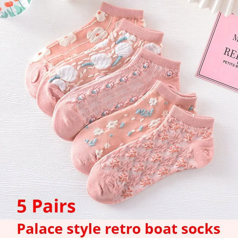 5 Pairs of Kawaii Cute Flower 3D Textured Ankle Socks - Vintage Style Thin Low Cut Hosiery for Women - Slobuy