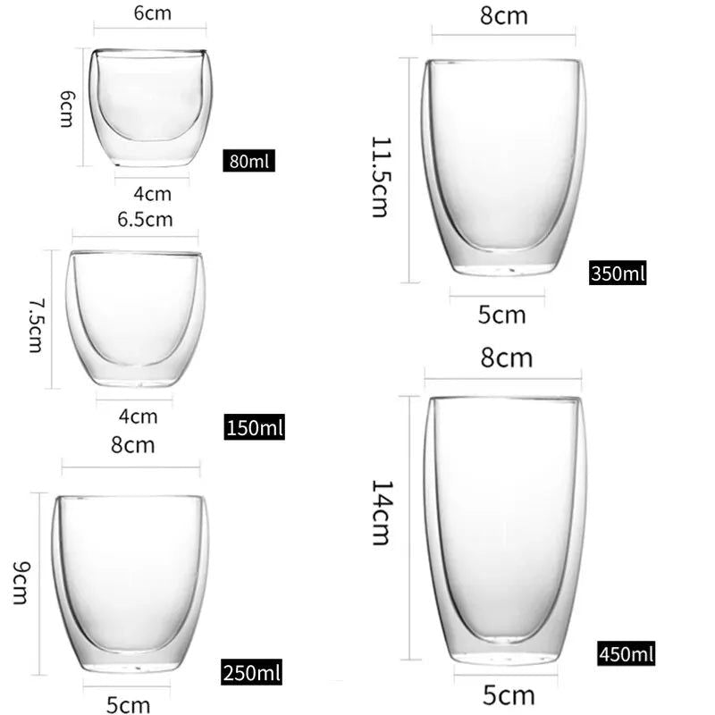 5 Sizes 6 Pack Clear Double Wall Glass Coffee Mugs Insulated Layer Cups Set for Bar Tea Milk Juice Water Espresso Shot Glass - Slobuy