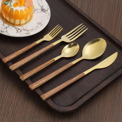 5pcs Stainless Steel Imitation Wooden Handle Cutlery Set Dinnerware Clamp Western Tableware Knife Fork Tea Spoon - Slobuy