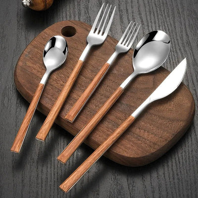5pcs Stainless Steel Imitation Wooden Handle Cutlery Set Dinnerware Clamp Western Tableware Knife Fork Tea Spoon - Slobuy