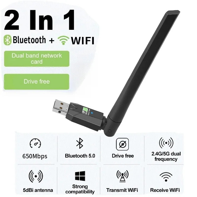 600Mbps USB WiFi Bluetooth 5.0 Adapter 2.4G 5GHz Wi-Fi Antenna Dual Band 802.11ac Mini Wireless Computer Network Card Receiver - Slobuy