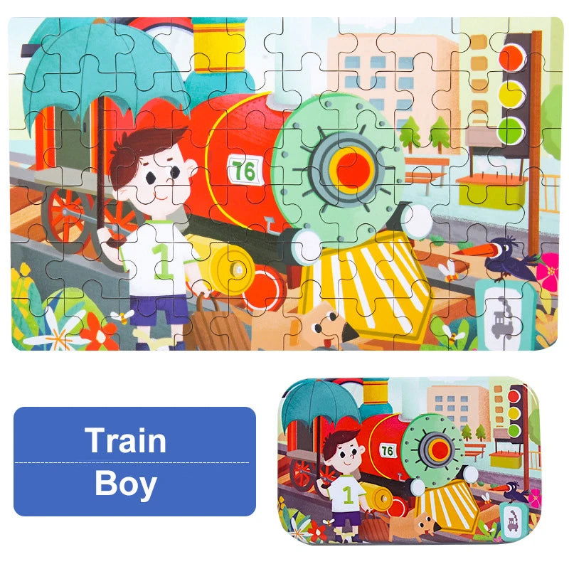 60 Pieces Jigsaw Puzzle Cartoon Animal Vehicle Montessori Games Children Educational Toys for Kids Christmas Gifts - Slobuy