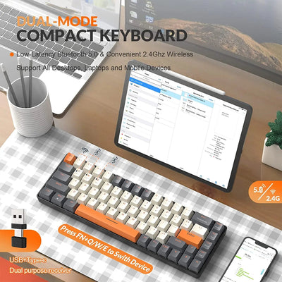 60% Wireless Mechanical Keyboard Bluetooth Dual Mode Hot-Swappable Mini 68-Key Red Switch for PC PS4 Xbox iPhone iPad - Slobuy