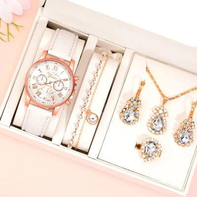 6PCS Set Fashion Women Watches Simple Ladies Business White Leather Quartz Watch Womens Necklace Earrings Bracelet Wristwatch - Slobuy