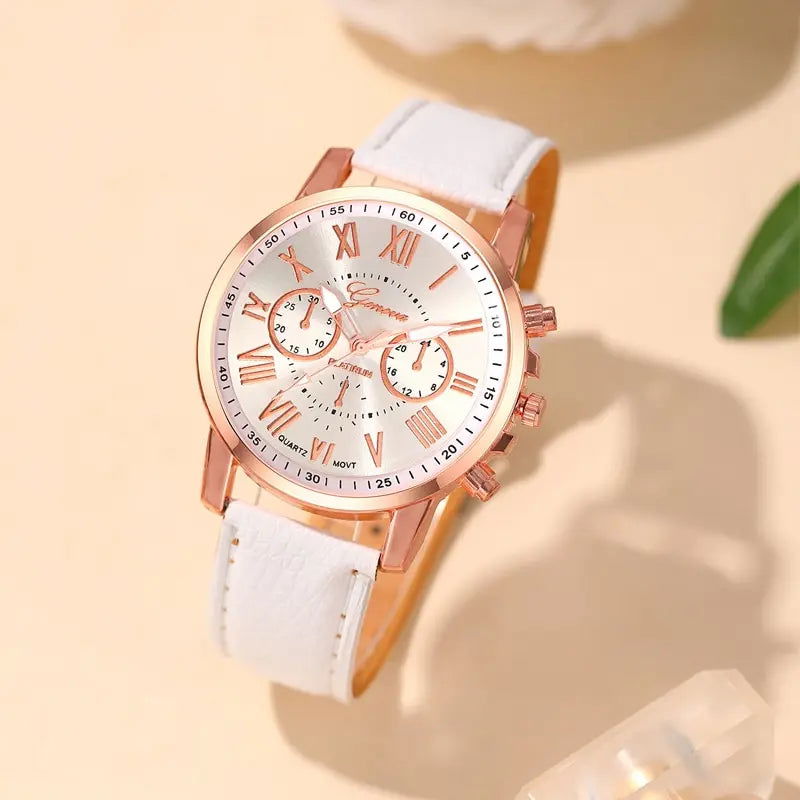 6PCS Set Fashion Women Watches Simple Ladies Business White Leather Quartz Watch Womens Necklace Earrings Bracelet Wristwatch - Slobuy