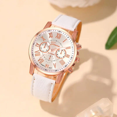6PCS Set Fashion Women Watches Simple Ladies Business White Leather Quartz Watch Womens Necklace Earrings Bracelet Wristwatch - Slobuy