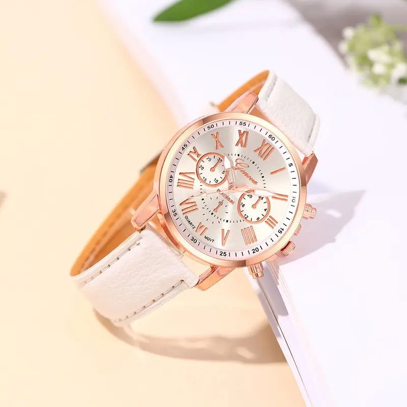 6PCS Set Fashion Women Watches Simple Ladies Business White Leather Quartz Watch Womens Necklace Earrings Bracelet Wristwatch - Slobuy