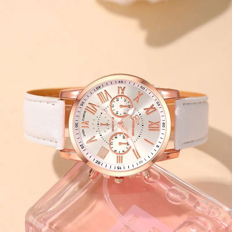 6PCS Set Fashion Women Watches Simple Ladies Business White Leather Quartz Watch Womens Necklace Earrings Bracelet Wristwatch - Slobuy