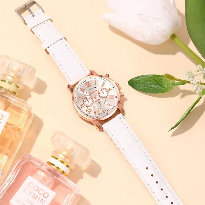 6PCS Set Fashion Women Watches Simple Ladies Business White Leather Quartz Watch Womens Necklace Earrings Bracelet Wristwatch - Slobuy