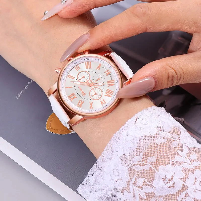 6PCS Set Fashion Women Watches Simple Ladies Business White Leather Quartz Watch Womens Necklace Earrings Bracelet Wristwatch - Slobuy