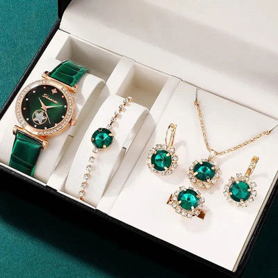 6PCS Set Green Luxury Quartz Watch Women Ring Necklace Earring Rhinestone Fashion Wristwatch Casual Ladies Bracelet Watches - Slobuy