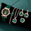 6PCS Set Green Luxury Quartz Watch Women Ring Necklace Earring Rhinestone Fashion Wristwatch Casual Ladies Bracelet Watches - Slobuy