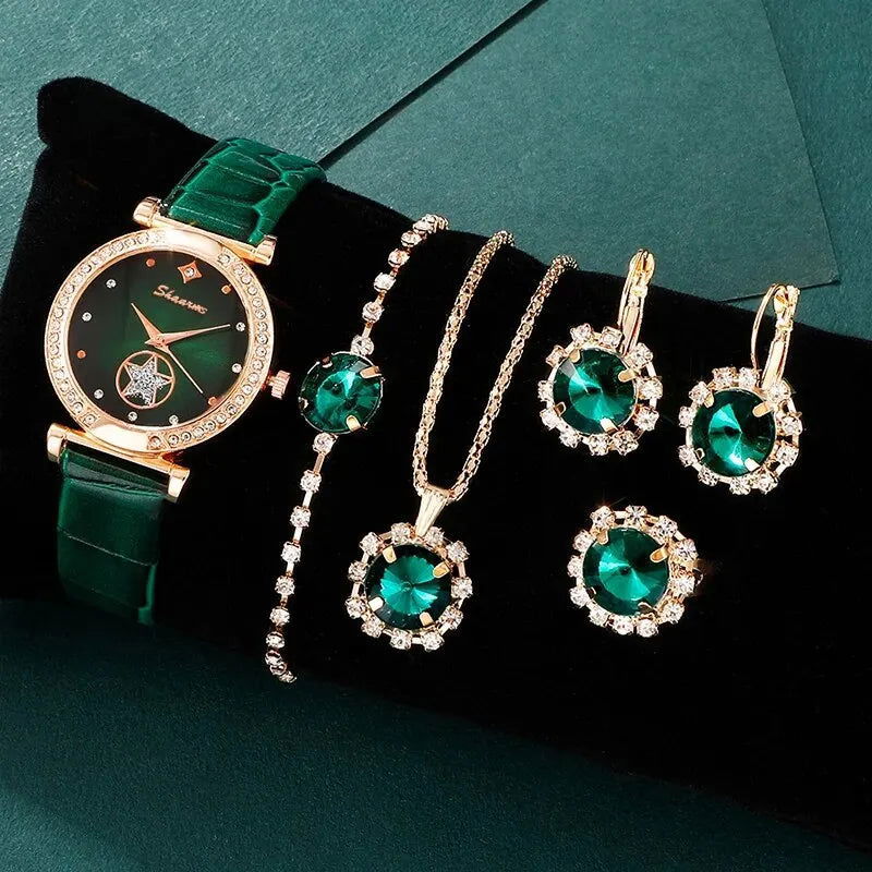 6PCS Set Green Luxury Quartz Watch Women Ring Necklace Earring Rhinestone Fashion Wristwatch Casual Ladies Bracelet Watches - Slobuy