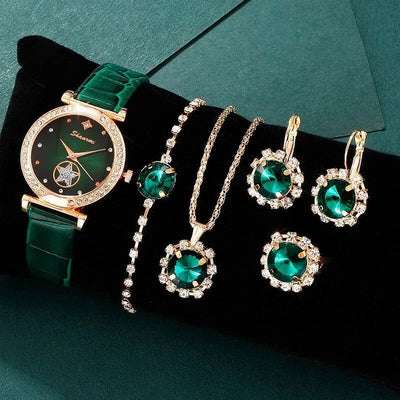 6PCS Set Green Luxury Quartz Watch Women Ring Necklace Earring Rhinestone Fashion Wristwatch Casual Ladies Bracelet Watches - Slobuy
