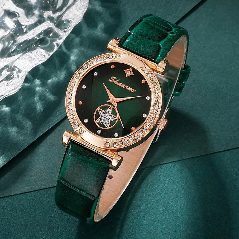 6PCS Set Green Luxury Quartz Watch Women Ring Necklace Earring Rhinestone Fashion Wristwatch Casual Ladies Bracelet Watches - Slobuy
