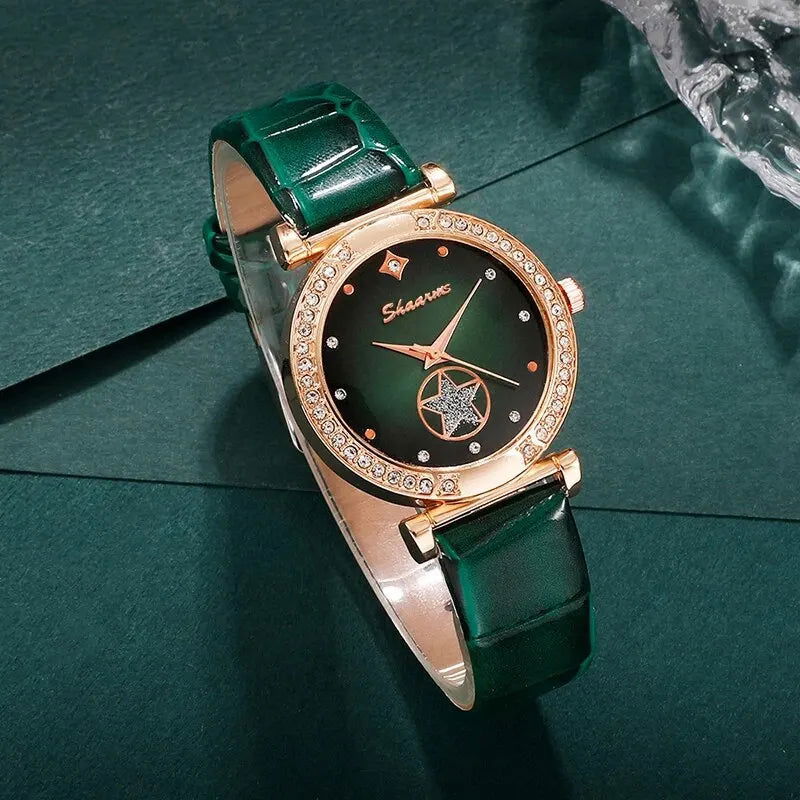 6PCS Set Green Luxury Quartz Watch Women Ring Necklace Earring Rhinestone Fashion Wristwatch Casual Ladies Bracelet Watches - Slobuy