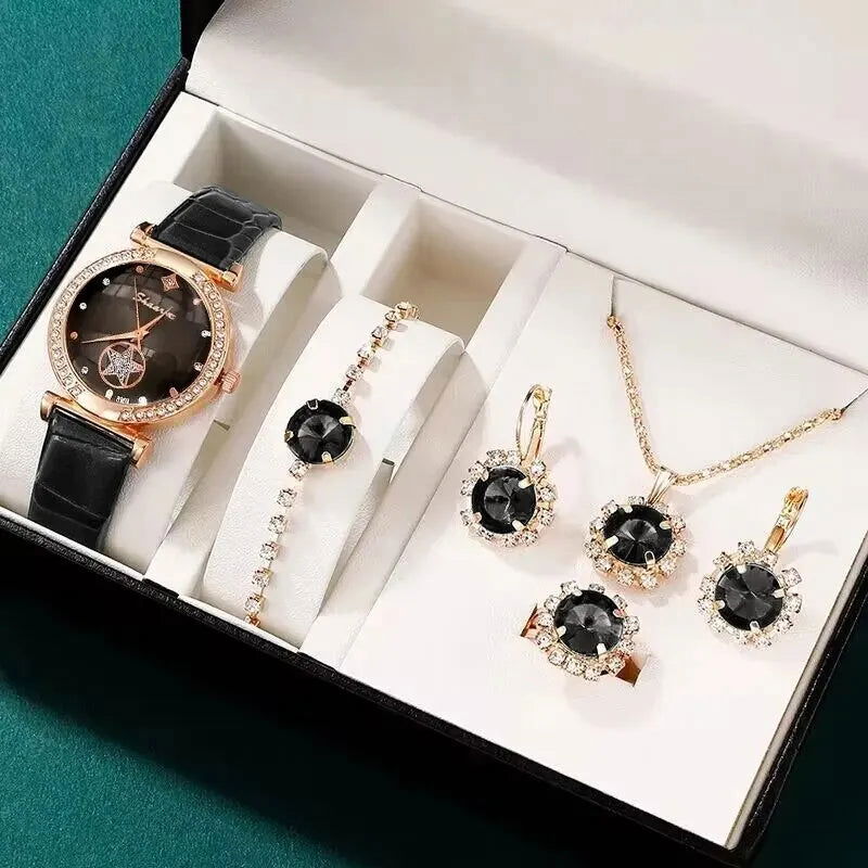 6PCS Set Green Luxury Quartz Watch Women Ring Necklace Earring Rhinestone Fashion Wristwatch Casual Ladies Bracelet Watches - Slobuy