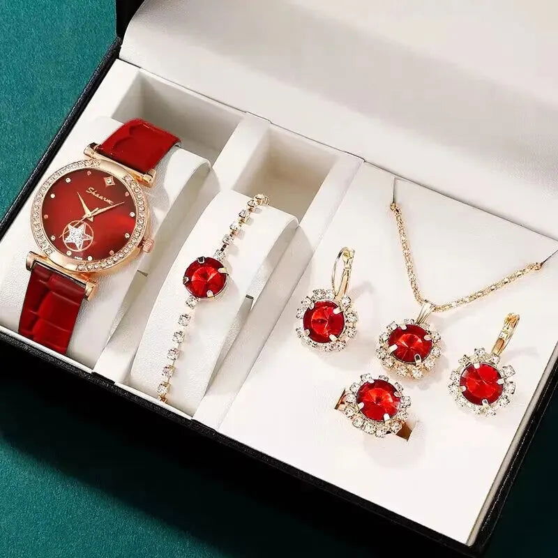 6PCS Set Green Luxury Quartz Watch Women Ring Necklace Earring Rhinestone Fashion Wristwatch Casual Ladies Bracelet Watches - Slobuy