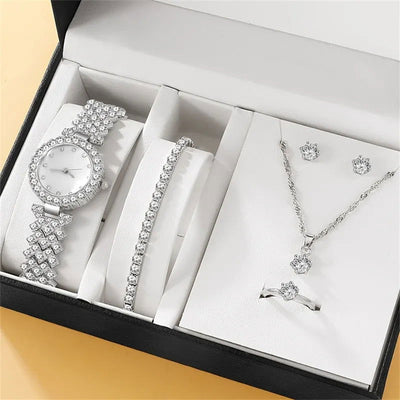 6PCS Set Luxury Watch Women Ring Necklace Earring Rhinestone Fashion Wristwatch Casual Ladies Watches Bracelet Set Clock - Slobuy