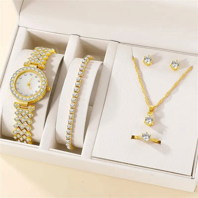 6PCS Set Luxury Watch Women Ring Necklace Earring Rhinestone Fashion Wristwatch Casual Ladies Watches Bracelet Set Clock - Slobuy