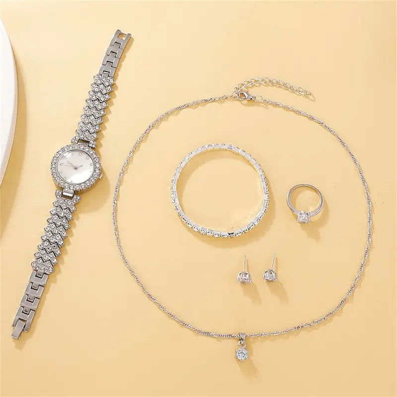 6PCS Set Luxury Watch Women Ring Necklace Earring Rhinestone Fashion Wristwatch Casual Ladies Watches Bracelet Set Clock - Slobuy