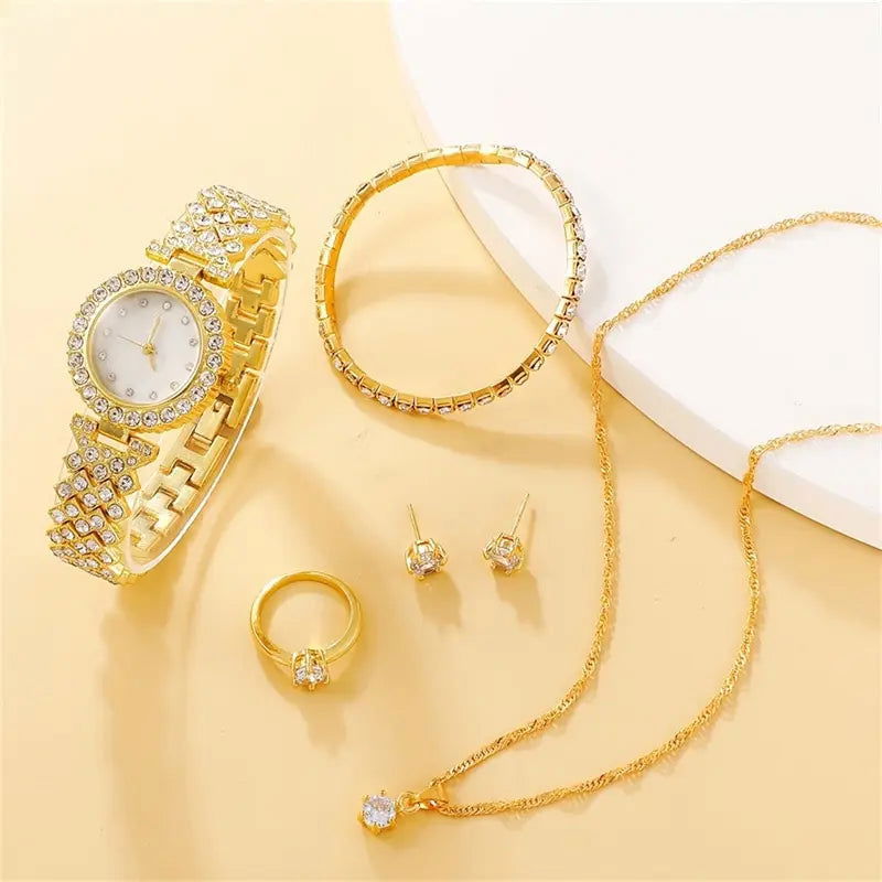 6PCS Set Luxury Watch Women Ring Necklace Earring Rhinestone Fashion Wristwatch Casual Ladies Watches Bracelet Set Clock - Slobuy