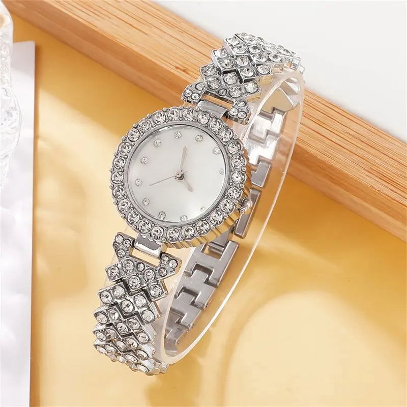 6PCS Set Luxury Watch Women Ring Necklace Earring Rhinestone Fashion Wristwatch Casual Ladies Watches Bracelet Set Clock - Slobuy