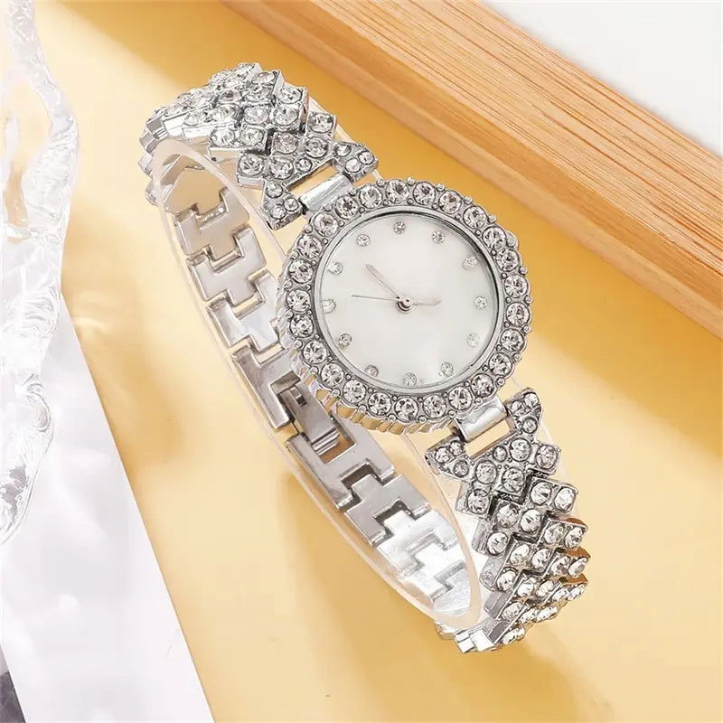 6PCS Set Luxury Watch Women Ring Necklace Earring Rhinestone Fashion Wristwatch Casual Ladies Watches Bracelet Set Clock - Slobuy