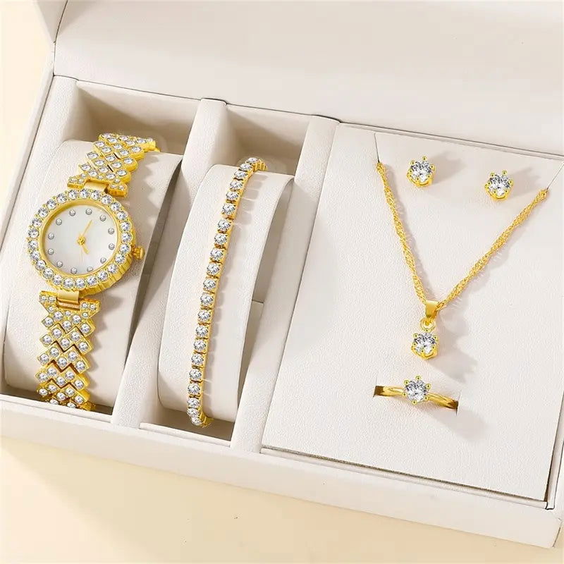 6PCS Set Luxury Watch Women Ring Necklace Earring Rhinestone Fashion Wristwatch Casual Ladies Watches Bracelet Set Clock - Slobuy
