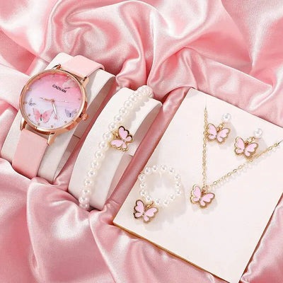 6PCS Set Women Fashion Quartz Watch Female Clock Pink Butterfly Dial Luxury Brand Design Ladies Leather Wrist Watch Montre Femme - Slobuy