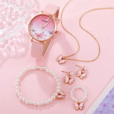 6PCS Set Women Fashion Quartz Watch Female Clock Pink Butterfly Dial Luxury Brand Design Ladies Leather Wrist Watch Montre Femme - Slobuy
