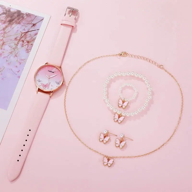 6PCS Set Women Fashion Quartz Watch Female Clock Pink Butterfly Dial Luxury Brand Design Ladies Leather Wrist Watch Montre Femme - Slobuy