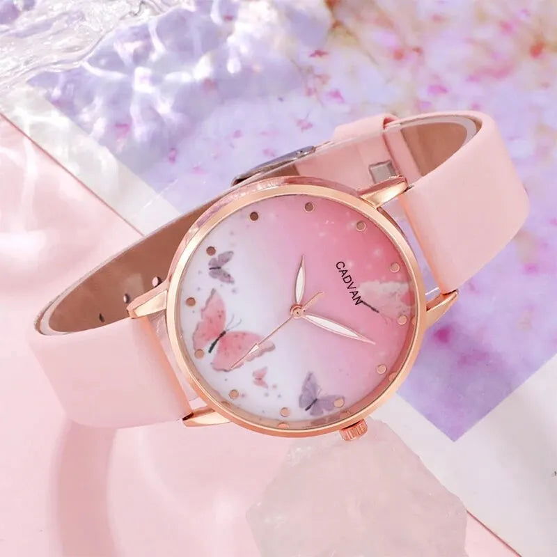 6PCS Set Women Fashion Quartz Watch Female Clock Pink Butterfly Dial Luxury Brand Design Ladies Leather Wrist Watch Montre Femme - Slobuy