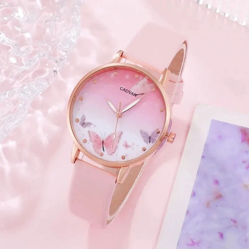 6PCS Set Women Fashion Quartz Watch Female Clock Pink Butterfly Dial Luxury Brand Design Ladies Leather Wrist Watch Montre Femme - Slobuy