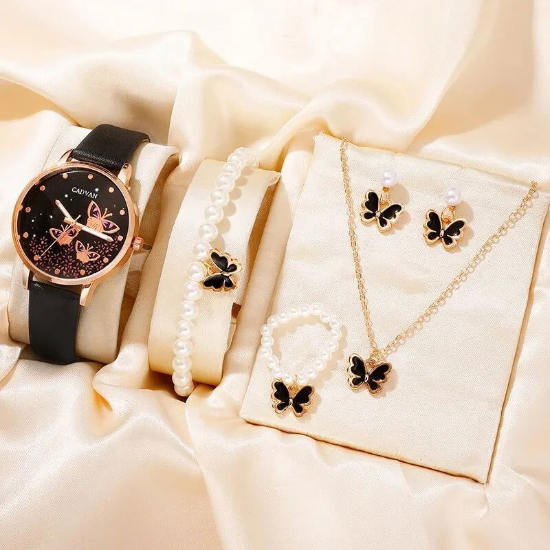 6PCS Set Women Fashion Quartz Watch Female Clock Pink Butterfly Dial Luxury Brand Design Ladies Leather Wrist Watch Montre Femme - Slobuy