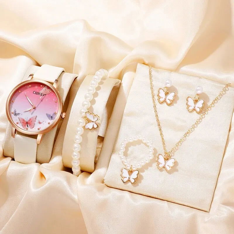 6PCS Set Women Fashion Quartz Watch Female Clock Pink Butterfly Dial Luxury Brand Design Ladies Leather Wrist Watch Montre Femme - Slobuy