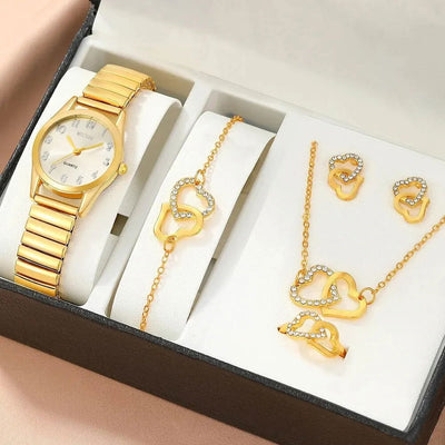 6PCS Set Womens Fashion Quartz Watch Female Clock Elastic Strap Luxury Brand Design Ladies Wrist Watch Relogio Feminino - Slobuy